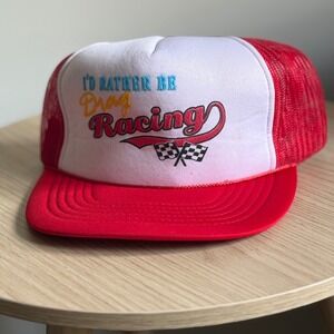 90s Y2K Drag Racing Trucker Hat Checkered Flags Red‎ White Mesh Snapback